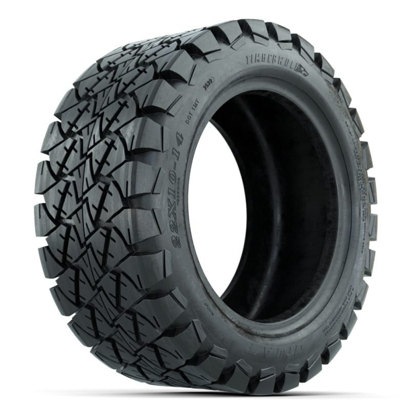 14″ Bravo Gray/Machined Golf Cart Wheels and 22×10-14 GTW Timberwolf Tires – Set of 4